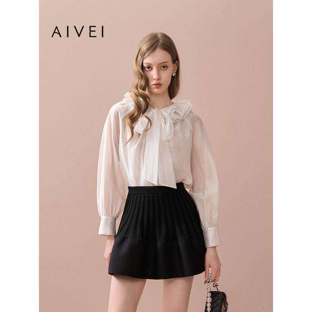 AIVEI欣贺艾薇2025秋季淑女风多巴胺荷叶领透视雪纺衬衫XRV5C05A