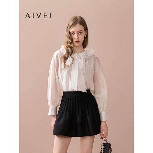 AIVEI欣贺艾薇2025秋季淑女风多巴胺荷叶领透视雪纺衬衫XRV5C05A