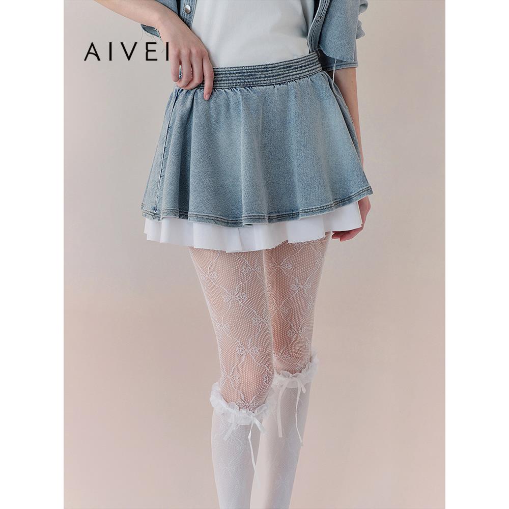 AIVEI欣贺艾薇2026春季新牛仔短裙少女甜酷拼接蓬蓬短裙XSV1Q03C