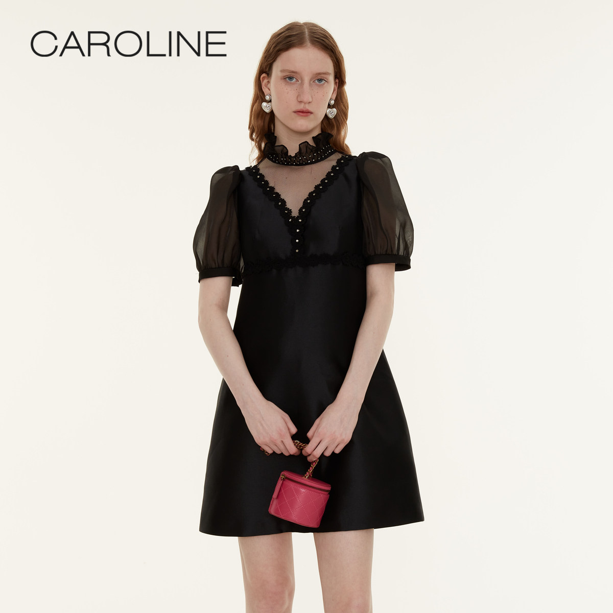 Caroline 商场同款 春季新款木耳领泡泡袖A字高腰连衣裙P607801A