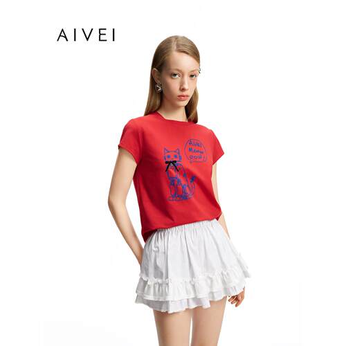 AIVEI欣贺艾薇2026夏季新休闲趣味植绒图案正肩短袖T恤XSV3T02C