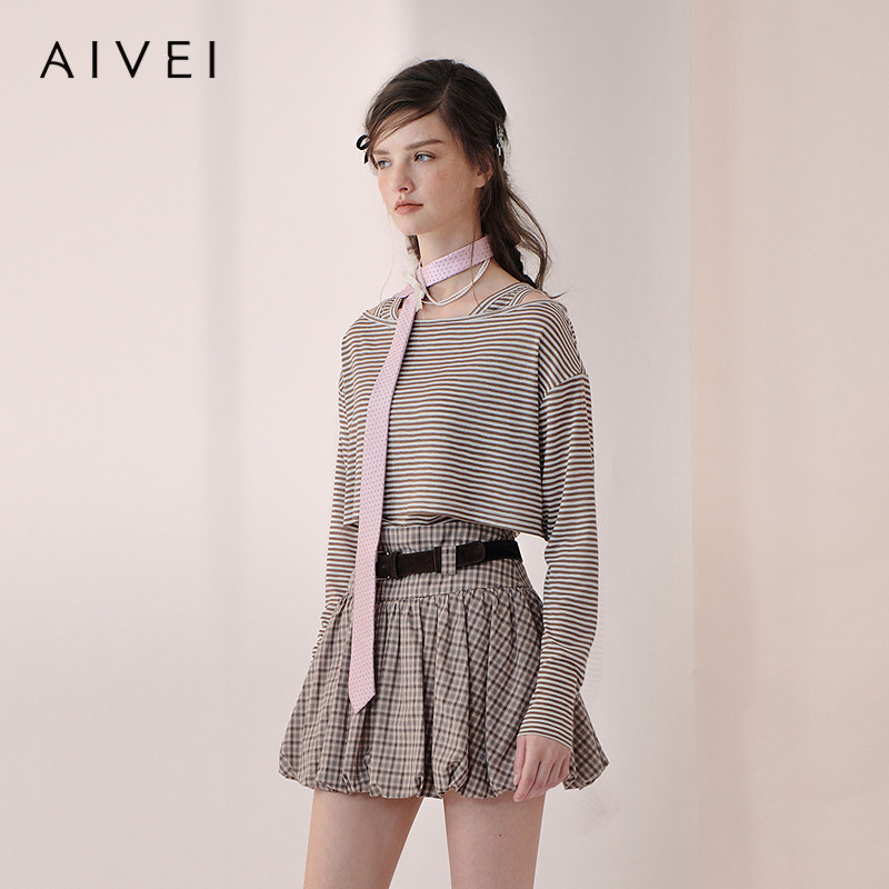 AIVEI欣贺艾薇2026春季美式复古两件套一字肩条纹T恤上衣XSV1S03C