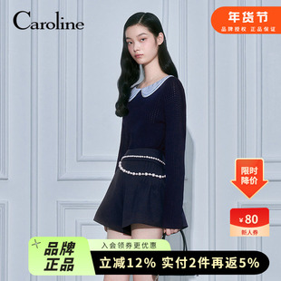 Caroline卡洛琳2026春季新款拼接娃娃领镂空肌理针织衫ESC1M01C