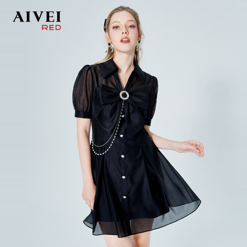 AIVEI欣贺艾薇2022夏新品V领高腰连衣裙知性雪纺小黑裙P03W0032
