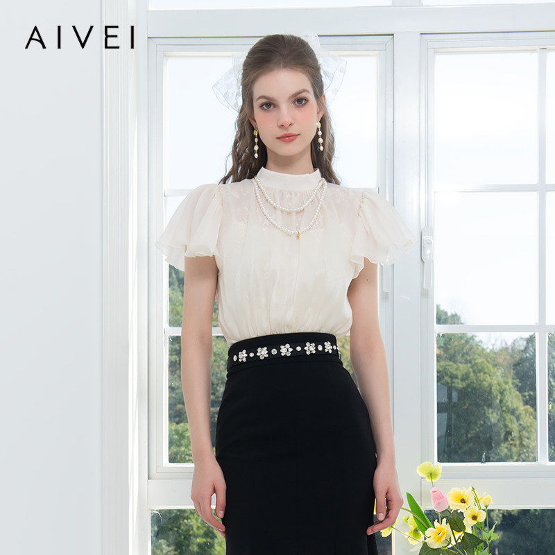 AIVEI欣贺艾薇 玛德琳庄园 夏季新淑女蕾丝荷叶雪纺衫R0360091