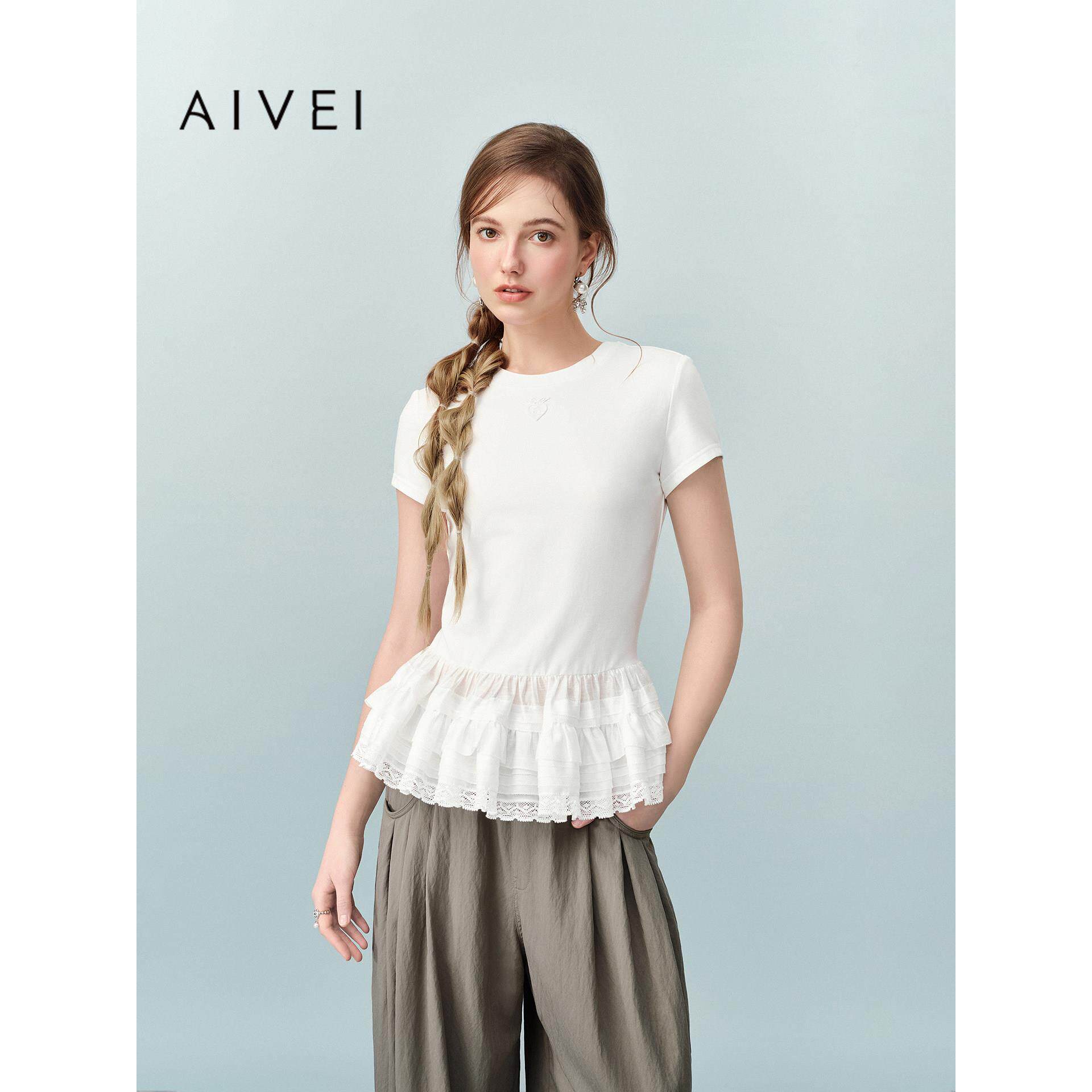AIVEI欣贺艾薇2026夏季新少女感蕾丝花边下摆正肩短袖T恤XSV3T07A