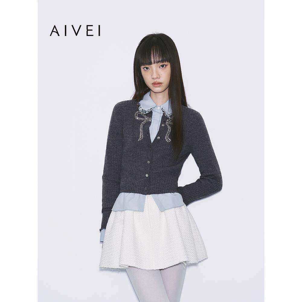 AIVEI欣贺艾薇2025冬季减龄百搭chic水钻蝴蝶结针织开衫XRV7M19A