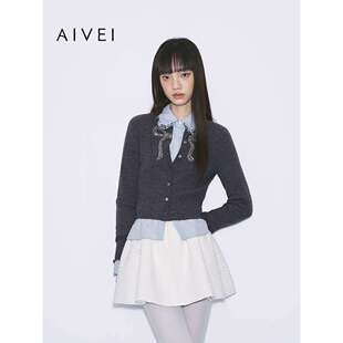 AIVEI欣贺艾薇2025冬季减龄百搭chic水钻蝴蝶结针织开衫XRV7M19A