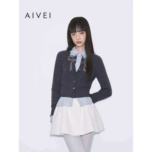 AIVEI欣贺艾薇2025冬季减龄百搭chic水钻蝴蝶结针织开衫XRV7M19A