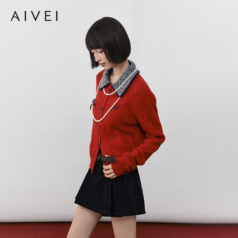 AIVEI欣贺艾薇2026春季新少女学院红色撞色毛衣针织开衫XSV1M14C