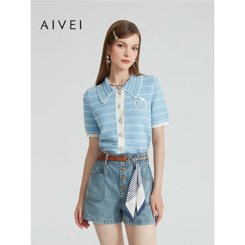 AIVEI欣贺艾薇夏季新航海系英伦减龄休闲条纹POLO针织衫R0360025