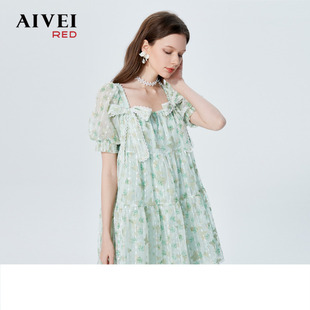 【梦游花境系列】AIVEI欣贺艾薇2023夏季新蝴蝶结方领碎花连衣裙