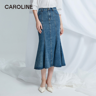 CAROLINE卡洛琳2024春季新款蓝色牛仔修身鱼尾半身裙ECREAA26