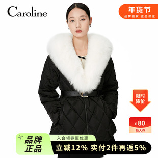 Caroline卡洛琳冬季新款黑色中长款菱形格V领毛领收腰羽绒服