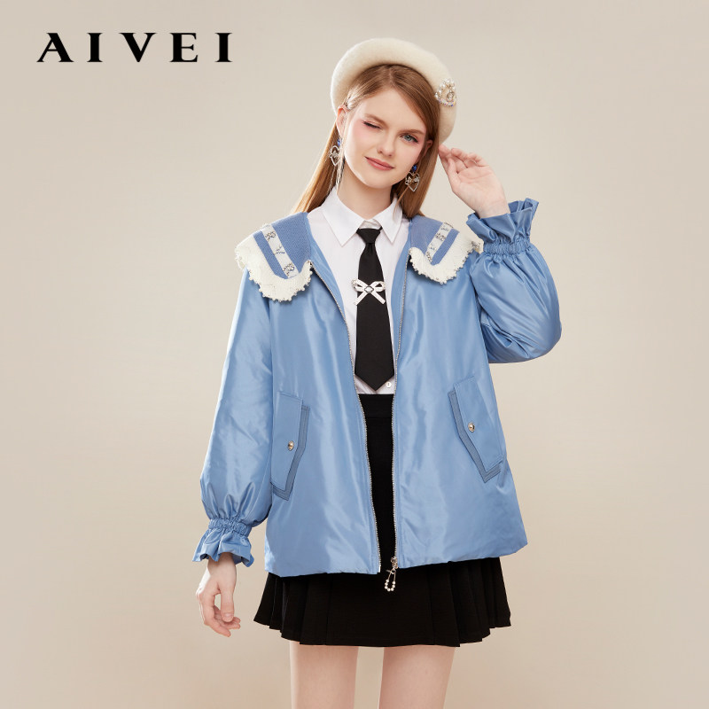 学院风钉珠中长款亮面羽绒服