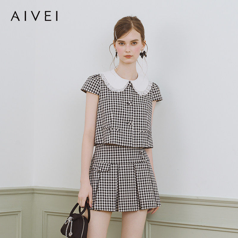 AIVEI欣贺艾薇2025夏季日系小个子甜美娃娃领黑白格外套S720201B