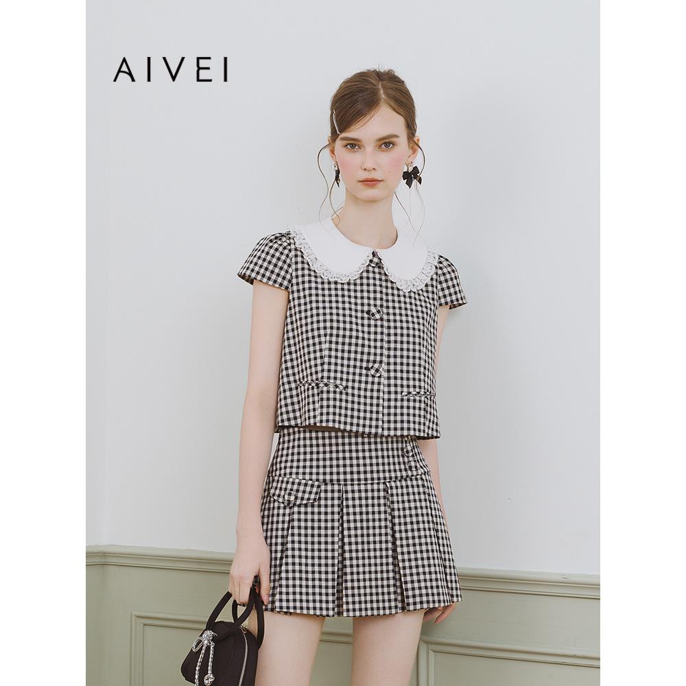 AIVEI欣贺艾薇夏季日系小个子甜美娃娃领黑白格外套S720201B