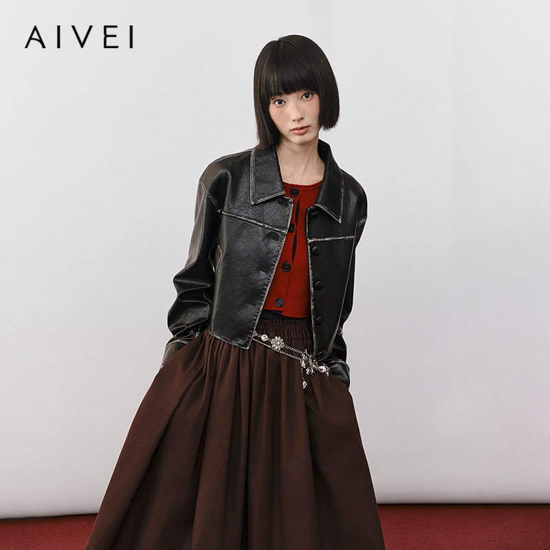 AIVEI欣贺艾薇2026春季新做旧皮衣小个子港风PU夹克外套XSV1V01C