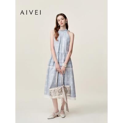 AIVEI欣贺艾薇2026夏季新优雅度假风茶歇印花挂脖连衣裙XSV3L18B