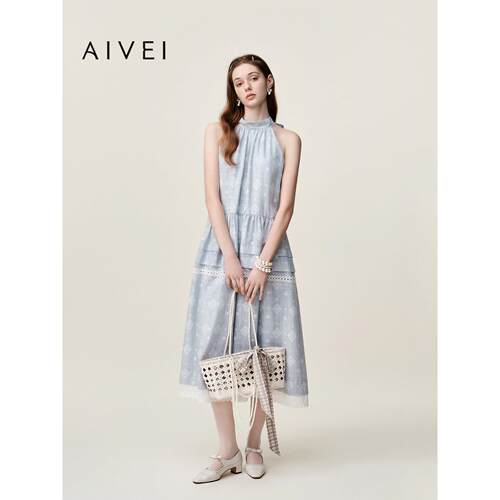 AIVEI欣贺艾薇2026夏季新优雅度假风茶歇印花挂脖连衣裙XSV3L18B