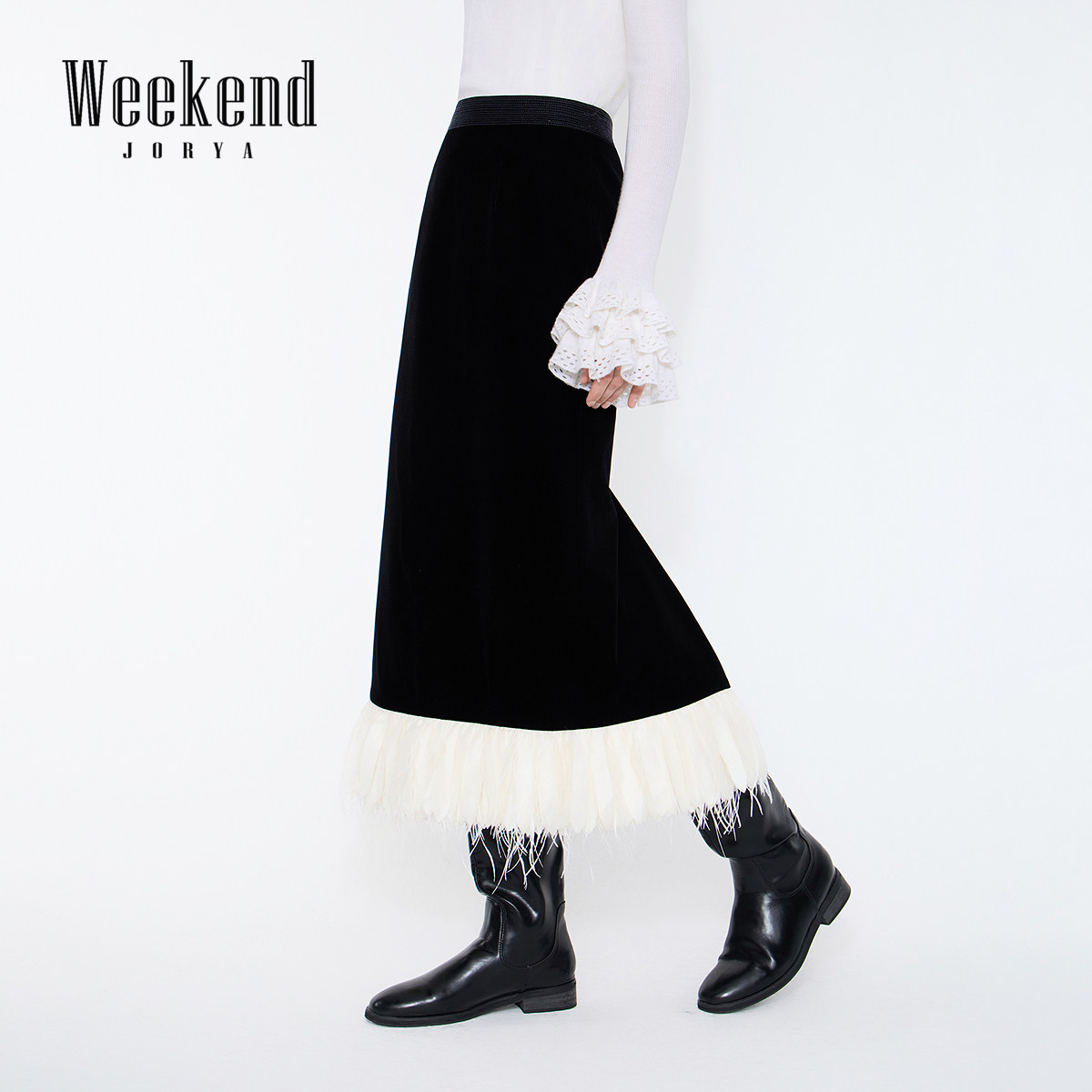 卓雅周末25冬季新款气质拼接羽毛千金风小A摆丝绒半身裙XRW6Q03A,女装/女士精品,半身裙,淘宝优惠券,粉丝福利购,淘宝优惠卷