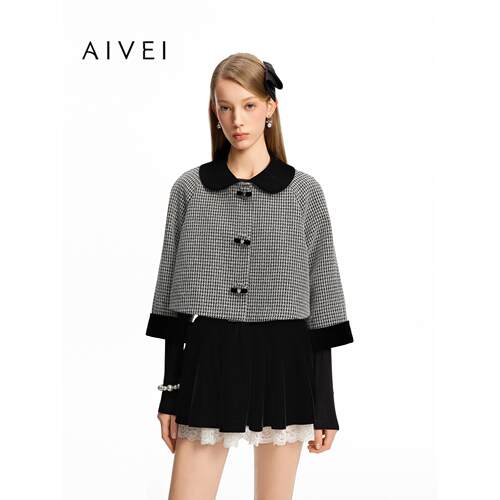AIVEI欣贺艾薇2026秋季留洋千金减龄小香风黑白格短外套ESV5W03B