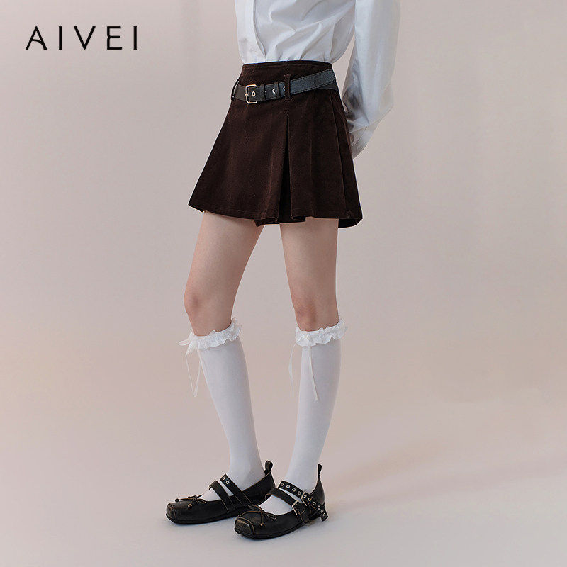 AIVEI欣贺艾薇2026春季英伦复古气质灯芯绒阔腿裙裤短裤XSV1Y03C