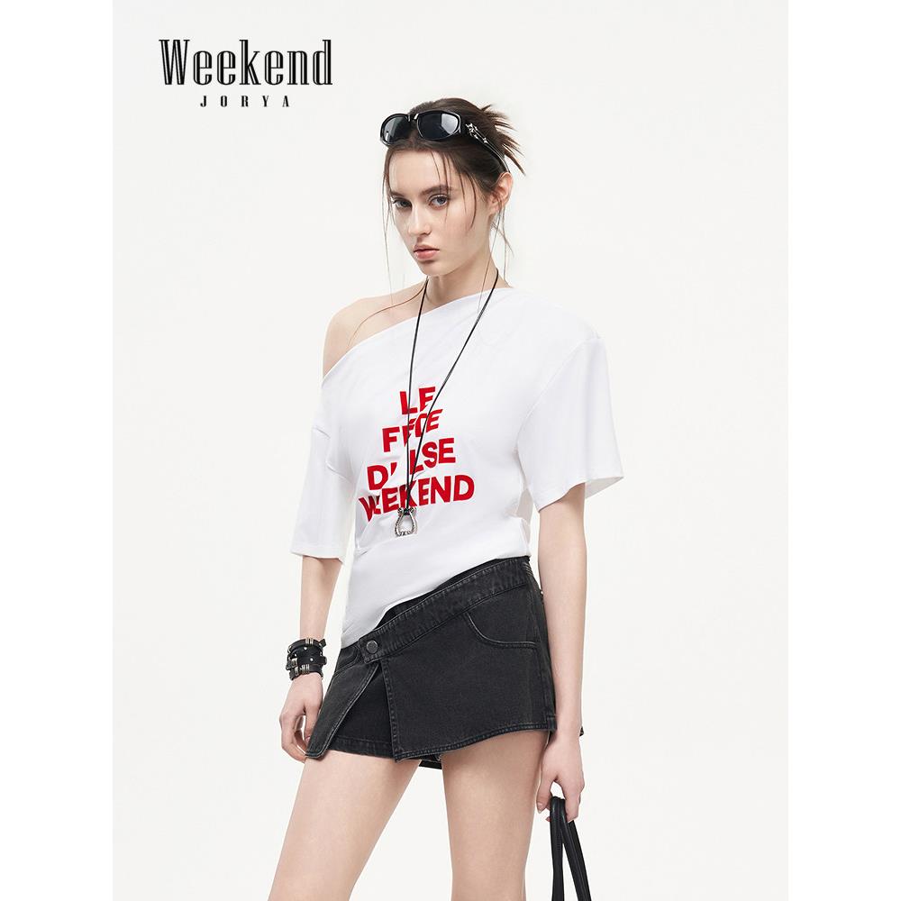 商场同款|卓雅周末26夏季新款美式街头风斜肩露肩短袖T恤ESW2T02C