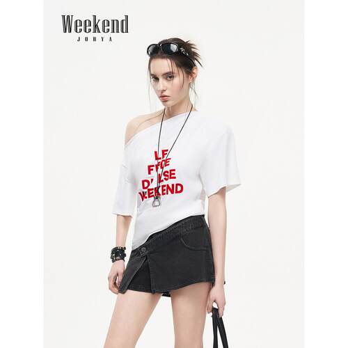 商场同款|卓雅周末26夏季新款美式街头风斜肩露肩短袖T恤ESW2T02C