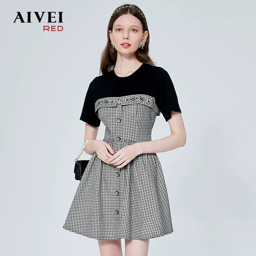 AIVEI欣贺艾薇2023春新T恤拼接钉钻高腰复古格子连衣裙P0160013