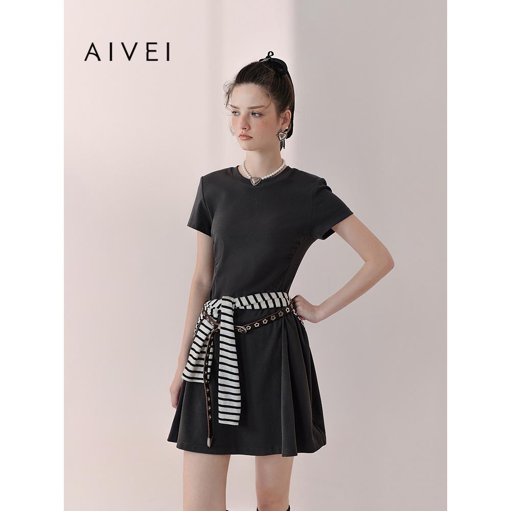 AIVEI欣贺艾薇2026春夏新少女简约气质休闲收腰T恤连衣裙XSV1L01C