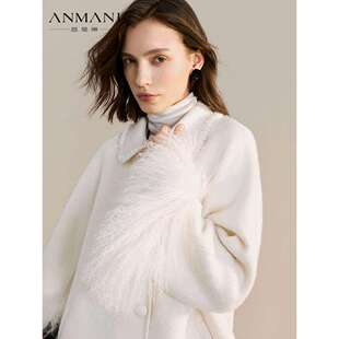 ANNMEL恩曼琳25冬季重工钉珠刺绣领毛边女士毛呢外套羊毛短款大衣