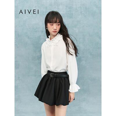 AIVEI欣贺艾薇2025冬季新宫廷淑女通勤风荷叶袖白衬衫XRV7C02A