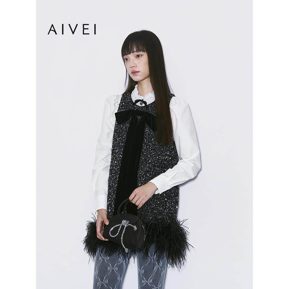 AIVEI欣贺艾薇2025冬季亮片礼服连衣裙宴会鸵鸟毛背心裙XRV7L11A