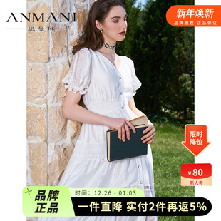 ANMANI恩曼琳24夏季 V领收腰蕾丝拼接肌理感莱赛尔混纺连衣裙 新款