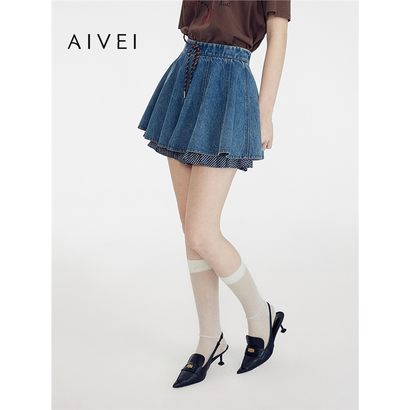 AIVEI欣贺艾薇2025夏季设计感个性甜酷格纹拼接牛仔短裙S723003A