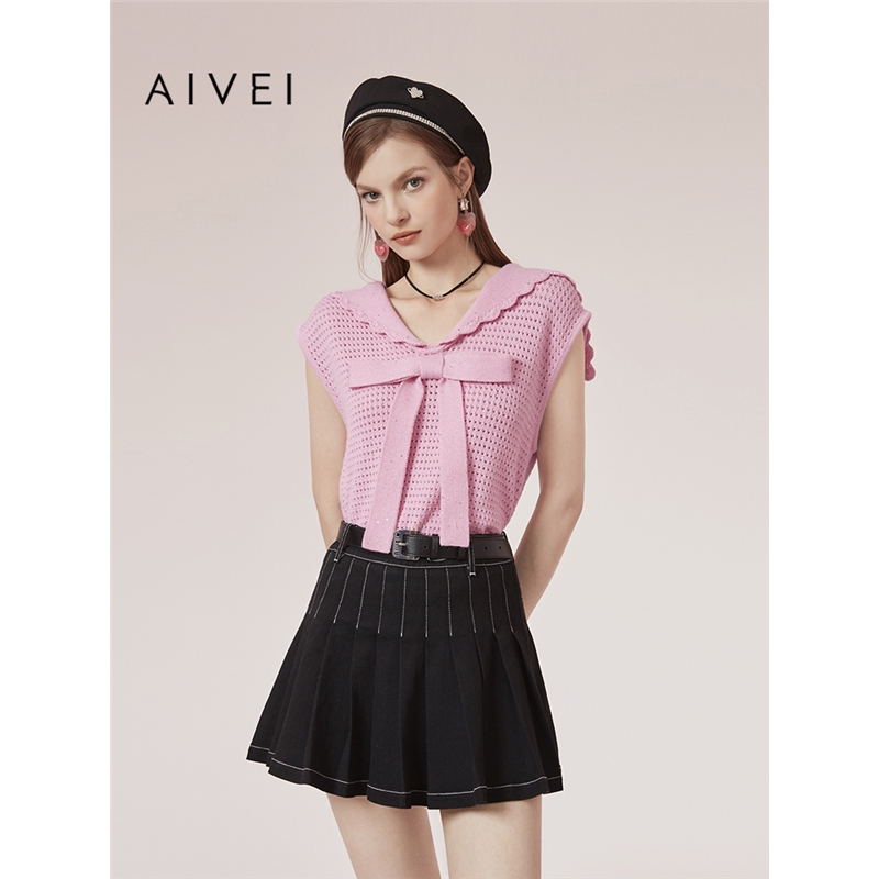 AIVEI欣贺艾薇夏季新日系甜妹海军领亮片无袖镂空针织衫R0360012