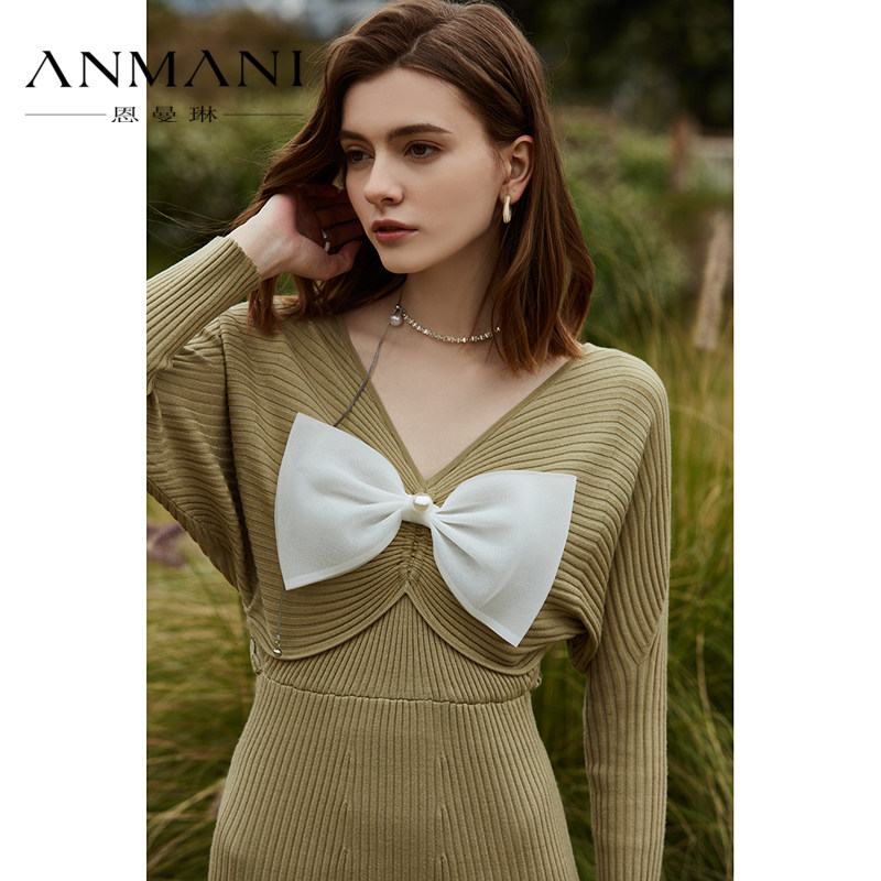 ANNMEL恩曼琳春季新款蝴蝶结假两件蕾丝拼接针织连衣裙EANEAI02