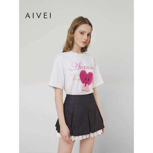 AIVEI欣贺艾薇2025春夏休闲少女减龄爱心天使宽松短袖T恤S710402B