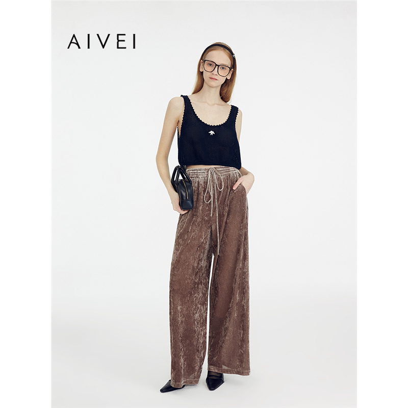 AIVEI欣贺艾薇2025夏季新慵懒老钱抽绳收腰直筒阔腿长裤S722403B