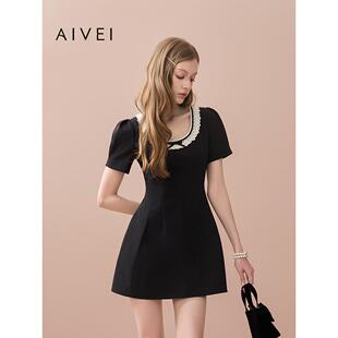 AIVEI欣贺艾薇2025早秋新千金小个子U领高腰小黑裙连衣裙XRV4L06A