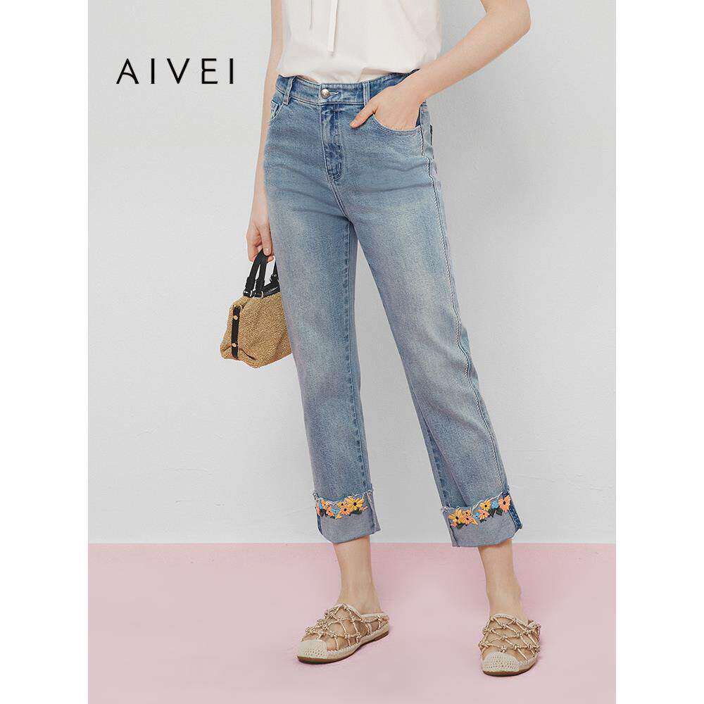 AIVEI欣贺艾薇2025春夏复古花朵刺绣高腰直筒烟管牛仔裤C712507B
