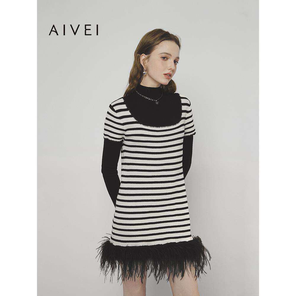 AIVEI欣贺艾薇2025春季复古简约黑白条纹短袖针织连衣裙S714701A