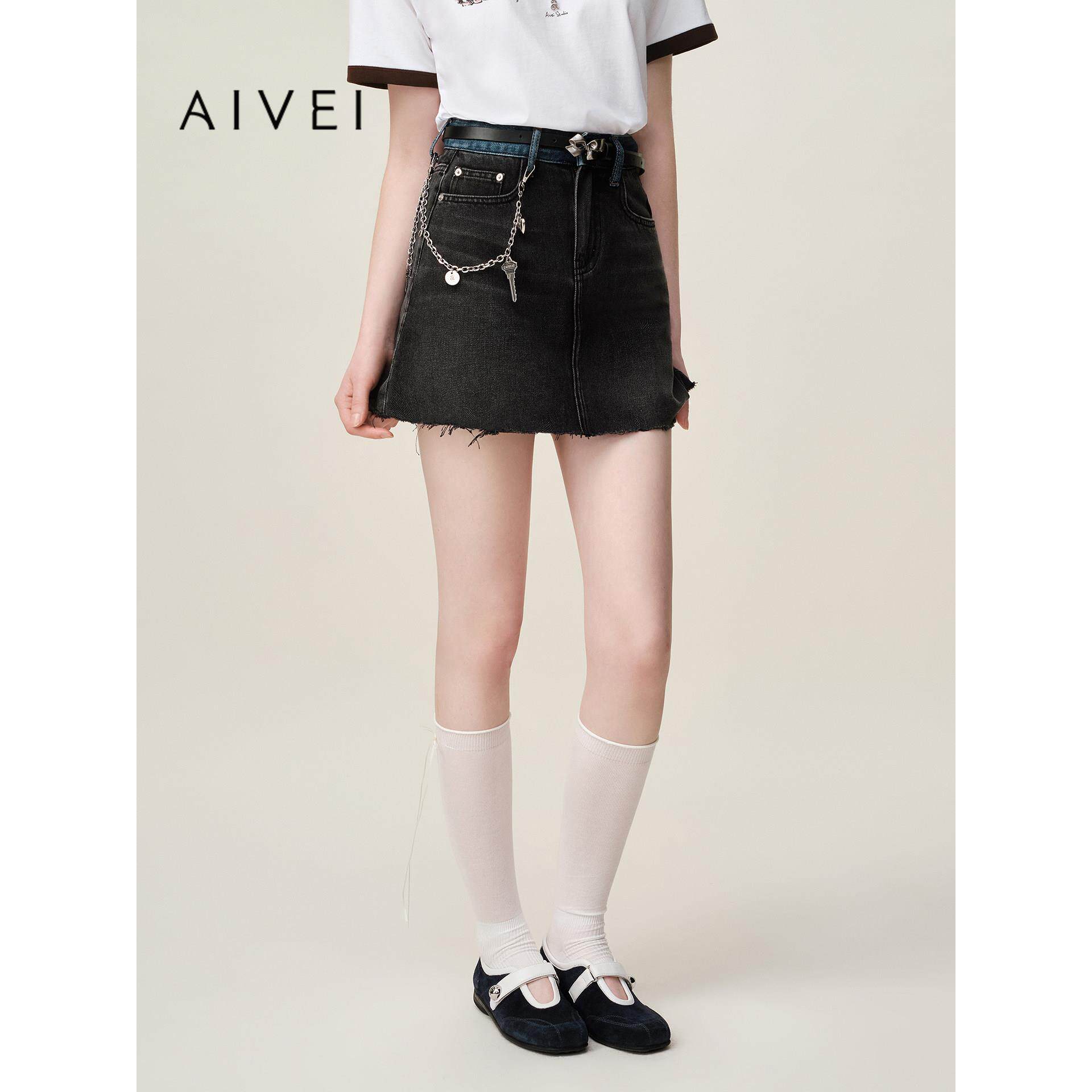 AIVEI欣贺艾薇2026夏季休闲甜酷不规则牛仔毛边牛仔短裙XSV3Q07C
