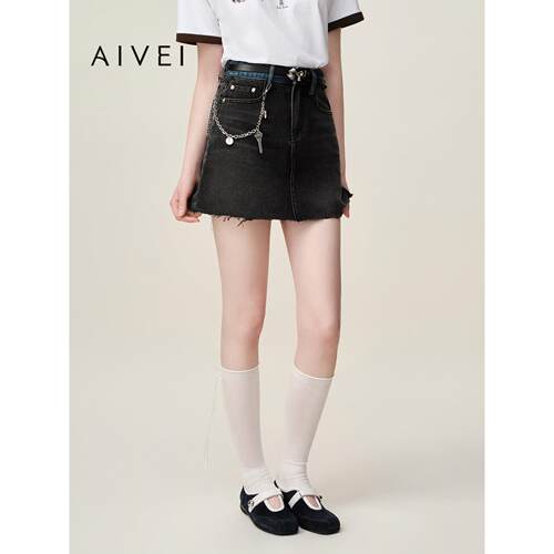 AIVEI欣贺艾薇2026夏季休闲甜酷不规则牛仔毛边牛仔短裙XSV3Q07C