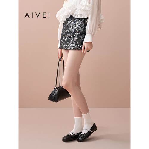AIVEI欣贺艾薇2025早秋新千金风氛围感气质亮片A字短裙XRV5Q21A