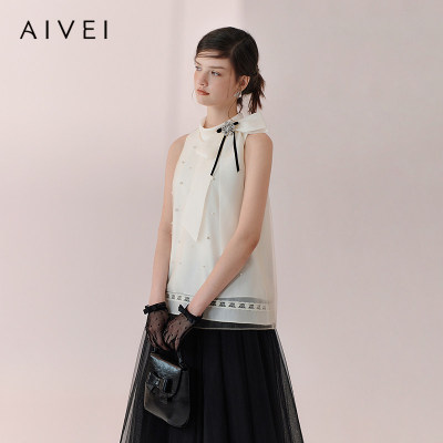 AIVEI欣贺艾薇2026春夏气质温柔仙气钉珠挂脖雪纺衫上衣XSV1S04B