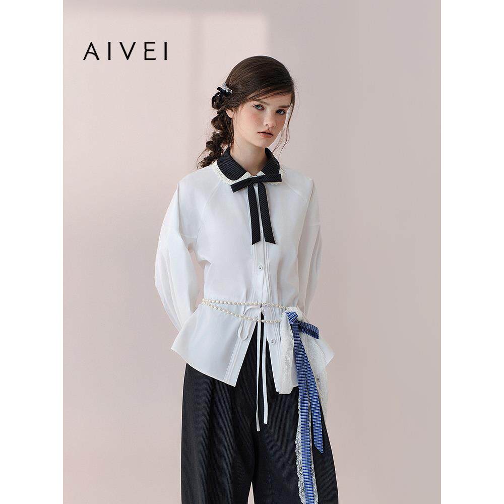 AIVEI欣贺艾薇2026春季日系文艺复古撞色娃娃领长袖衬衫XSV1C06B