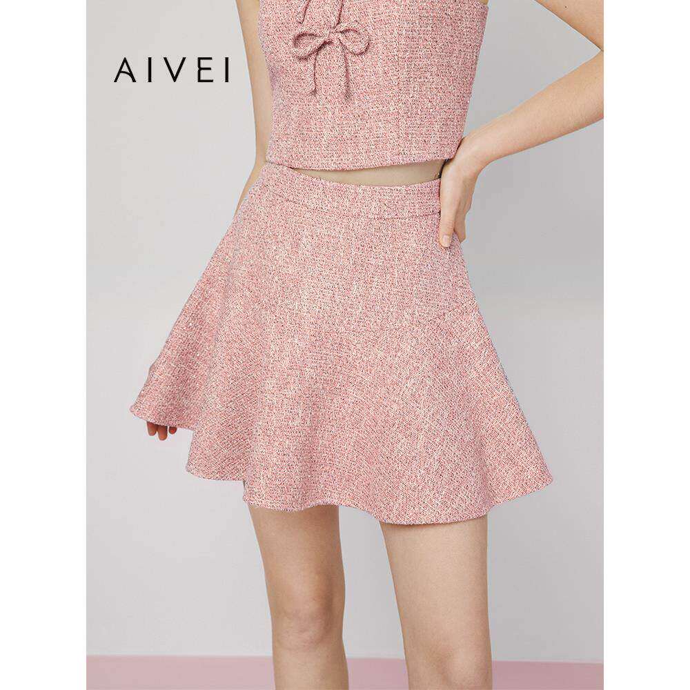 AIVEI欣贺艾薇2025春季清新甜美千金小香风高腰亮片伞裙S716105A