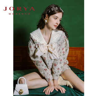 套装 卓雅周末2023秋季 女装 复古花卉蝴蝶结短外套短裤 EJWDAC21 新款